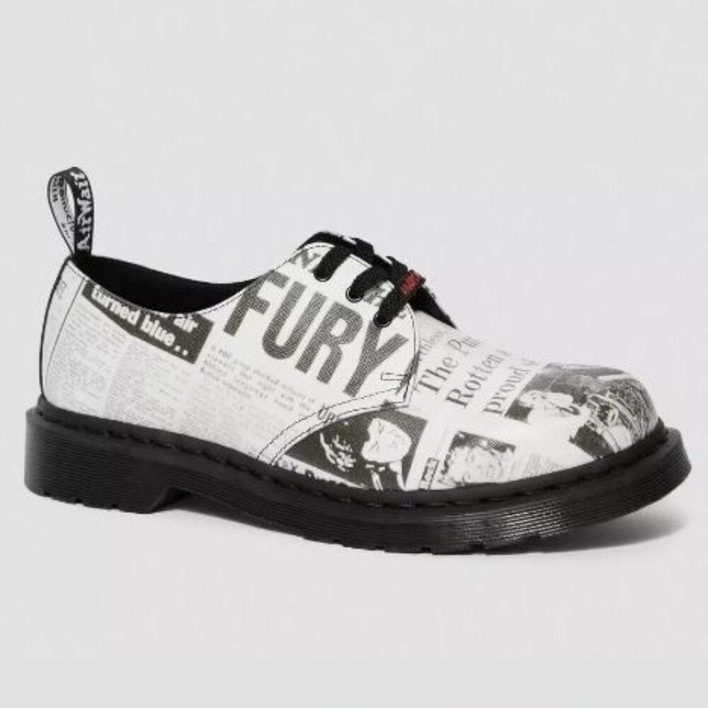NEW DR. MARTENS Sex Pistols 1461 Oxford Shoes Punk 3-Eye B/W Newspaper Print Doc